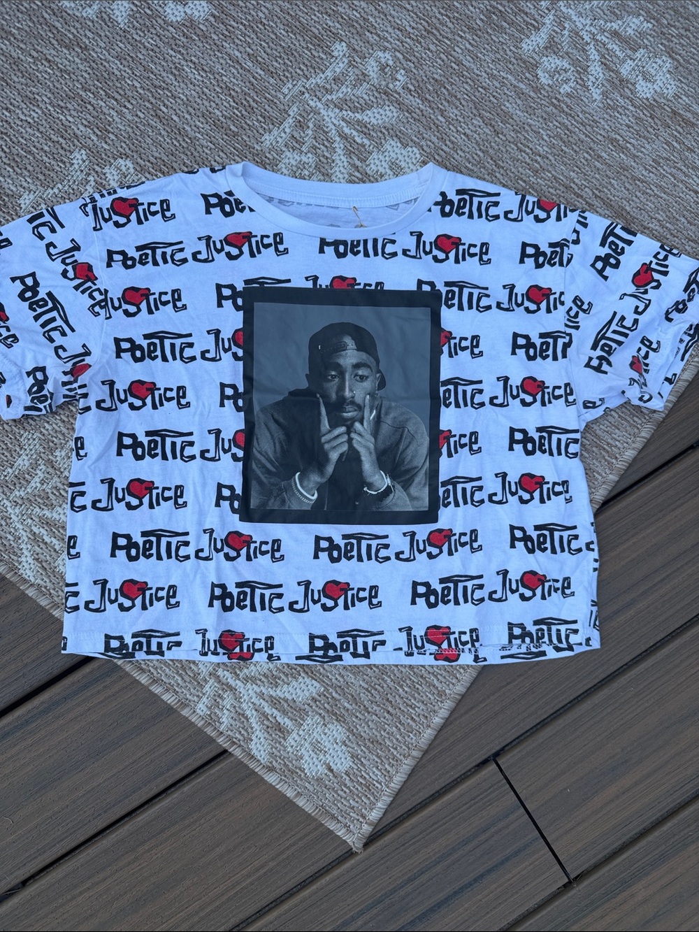 Tupac Shakur cropped White Tee with Red Logo Pattern and Black Photo Panel